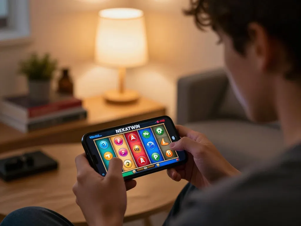 situs gacor nekatwin being played on a smartphone with colorful slot reels in a cozy home setting