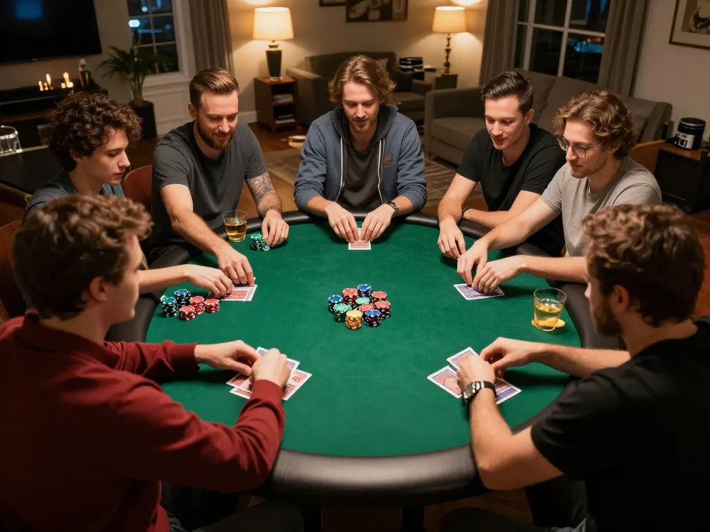 Friends engaging in intense poker gameplay at home, highlighting the essence of strategic nhà cái interactions