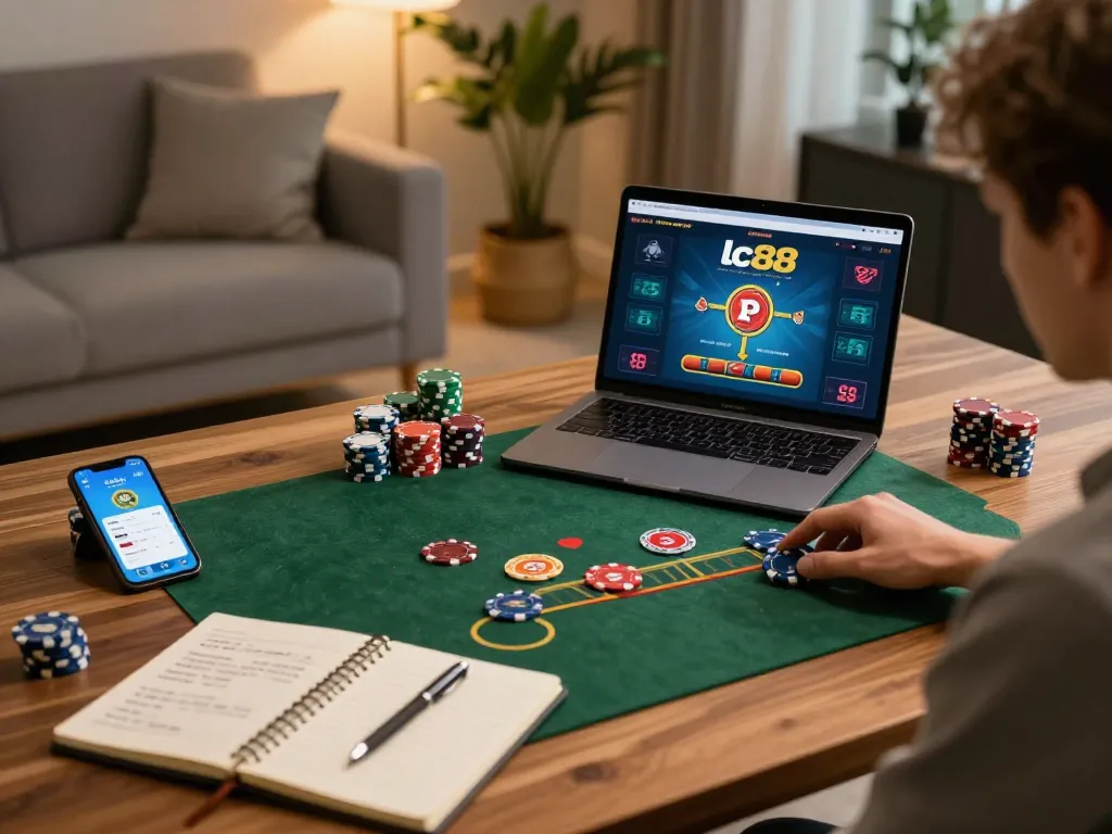 Player engaging with lc88 online casino from home, focused on game with strategic notes and smartphone.