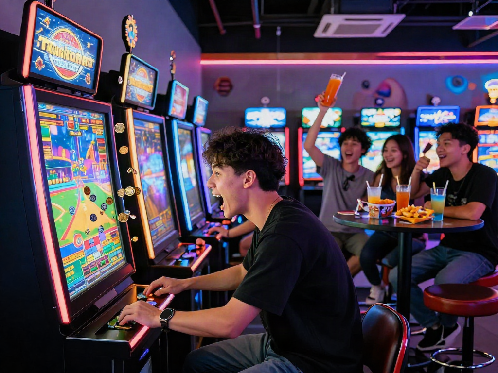 Excited gamer playing a slot machine in a vibrant gaming lounge, surrounded by neon lights and cheering friends.
