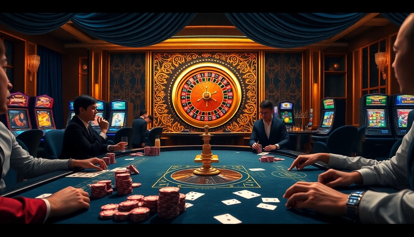 Players enjoying a high-stakes poker game at https://urr88.com/ with vibrant casino decor and flashing slot machines.