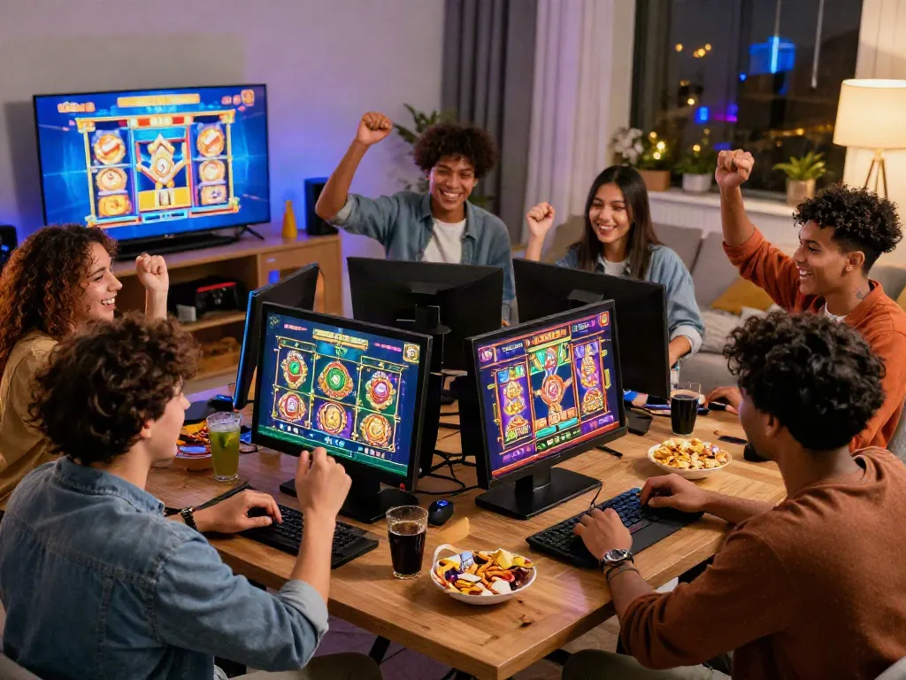 Diverse friends enjoying a lively slot online game session at home, celebrating wins with colorful graphics on the screen.