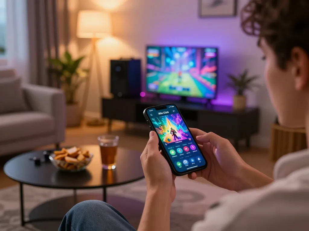 Engaging with the iWin Club app on mobile amidst a cozy home setup.