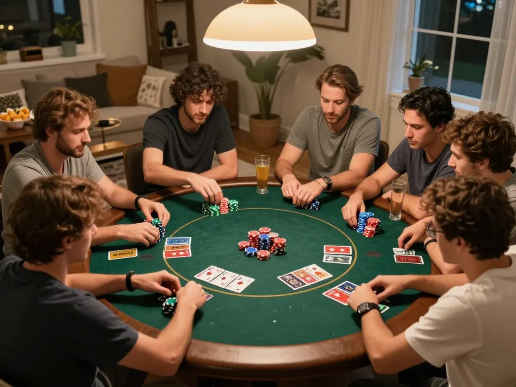 Friends enjoying poker night at home featuring https://www.bdtk66.one/ for strategy insights.