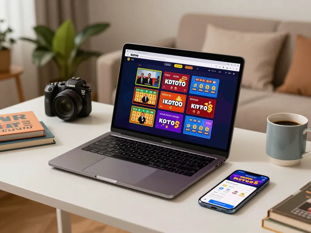 KDTOTO online gambling setup with vibrant games displayed on laptop and smartphone in a cozy home setting