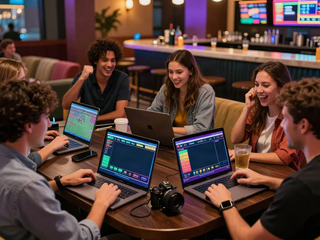 Online gambling experience at https://xx88.day/ with friends enjoying live betting in a vibrant casino.