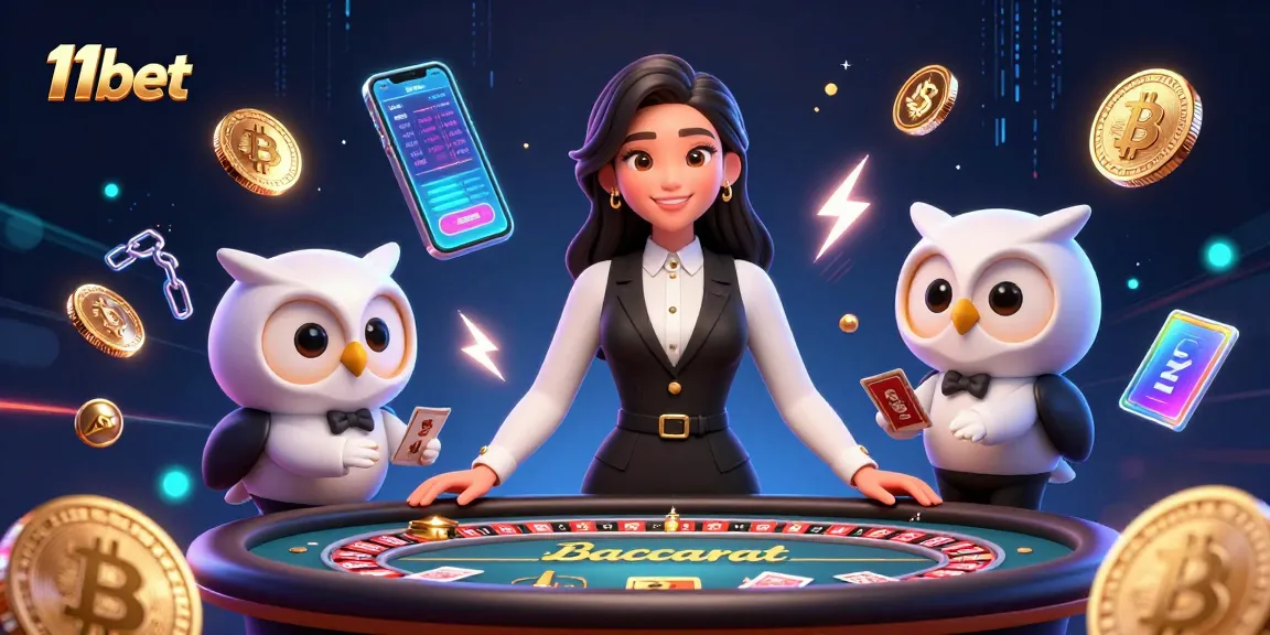 Experience high-stakes baccarat action at 11bet with stunning dealers and vibrant casino elements.
