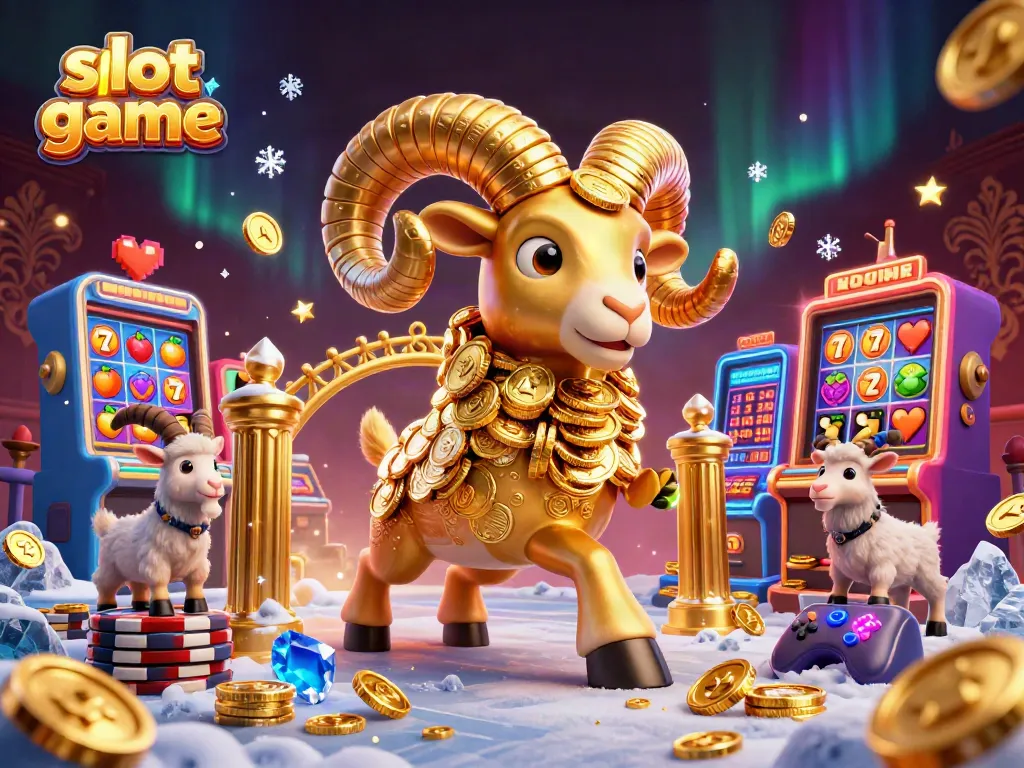 Engage with the exhilarating slot game action featuring a golden ram, arcade machines, and vibrant casino elements.