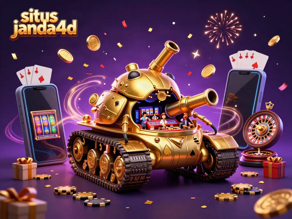 Permainan situs janda4d dengan tank permainan emas dan kasino mini dalam ilustrasi 3D.