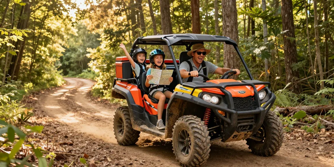 Family enjoying a side by side UTV for sale during an adventurous forest trail ride.