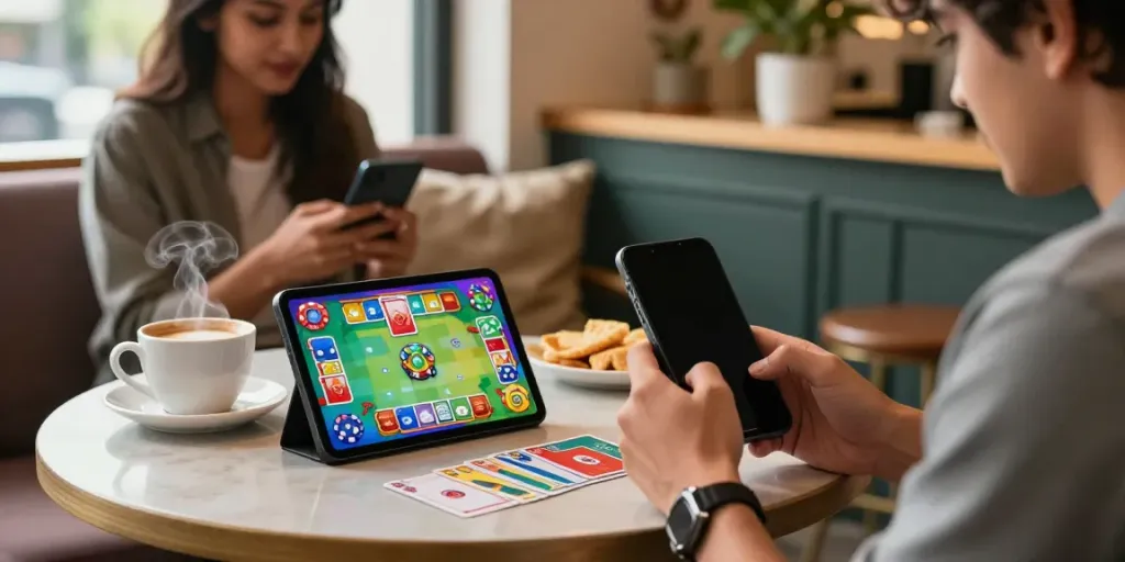Player enjoying Rumble Rummy on a smartphone at a café with friends, vibrant gaming graphics displayed.