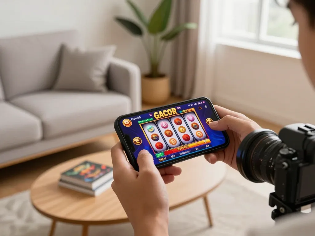 Player enjoying a thrilling slot gacor game on a smartphone in a cozy home setting, capturing the excitement of online gaming.