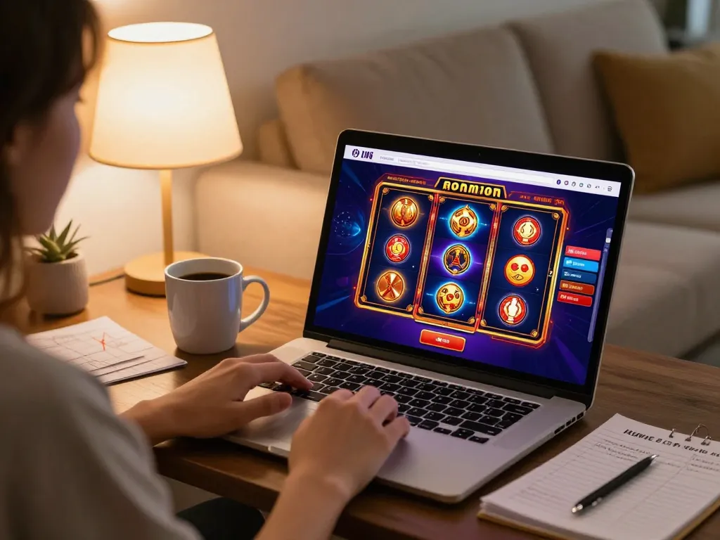 Pemain menikmati permainan slot toto di laptop dengan kopi dan catatan strategi di lingkungan yang nyaman