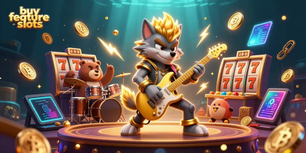 Experience thrilling action with buy feature slots in a vibrant casino scene featuring cartoon characters and dynamic game elements.