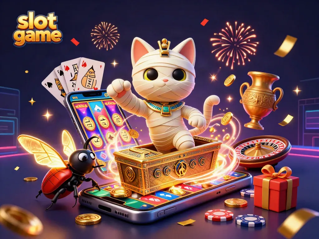 Engage in the slot game excitement with a vibrant scene showcasing animated characters, colorful slots, and gaming elements.