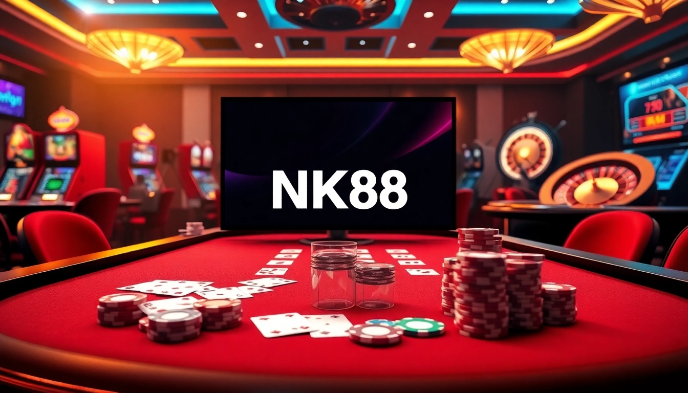 Engaging online gambling scene with NK88, showcasing luxurious casino elements and vibrant colors.