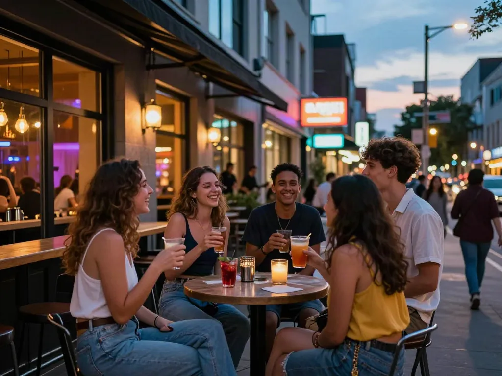 A vibrant nightlife scene with friends enjoying drinks in a stylish urban setting, related to akunjp.