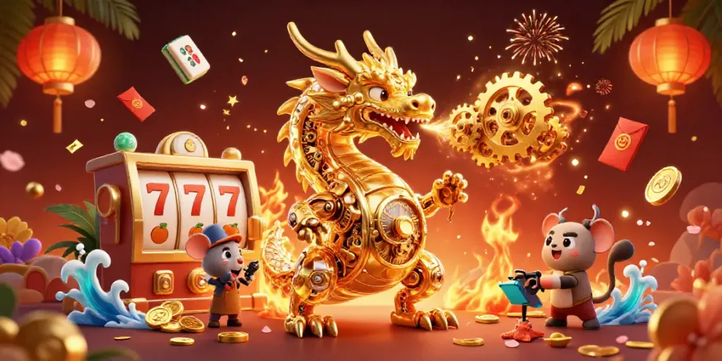Engage in exciting slot gameplay featuring a golden dragon and lively casino elements.