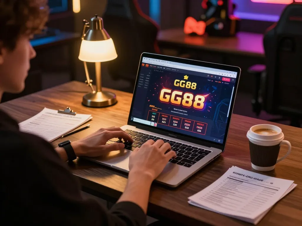 Player enjoying GG88 online casino gaming on a cozy laptop setup with ambient lighting.
