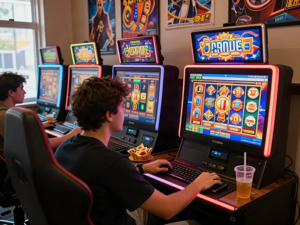 A vibrant online gaming scene showcasing akunjp slot gaming setup with interactive graphics and a cozy atmosphere.