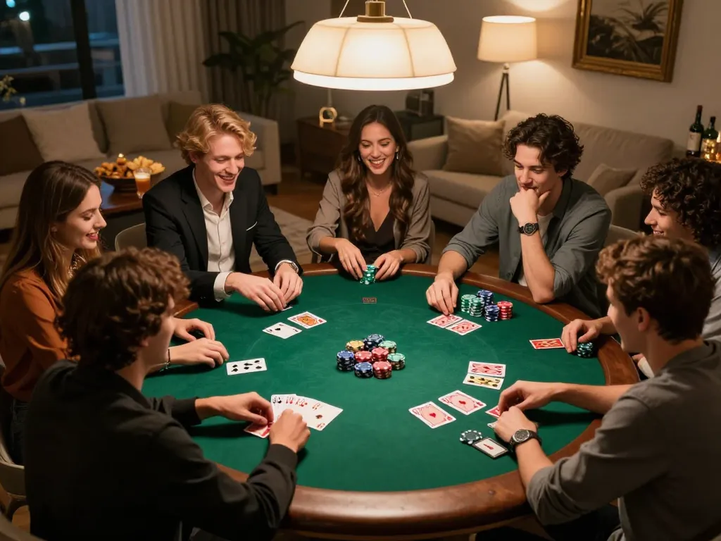 Pemain situs togel terlibat dalam permainan poker yang meriah dengan chip dan kartu di meja rumah yang elegan.