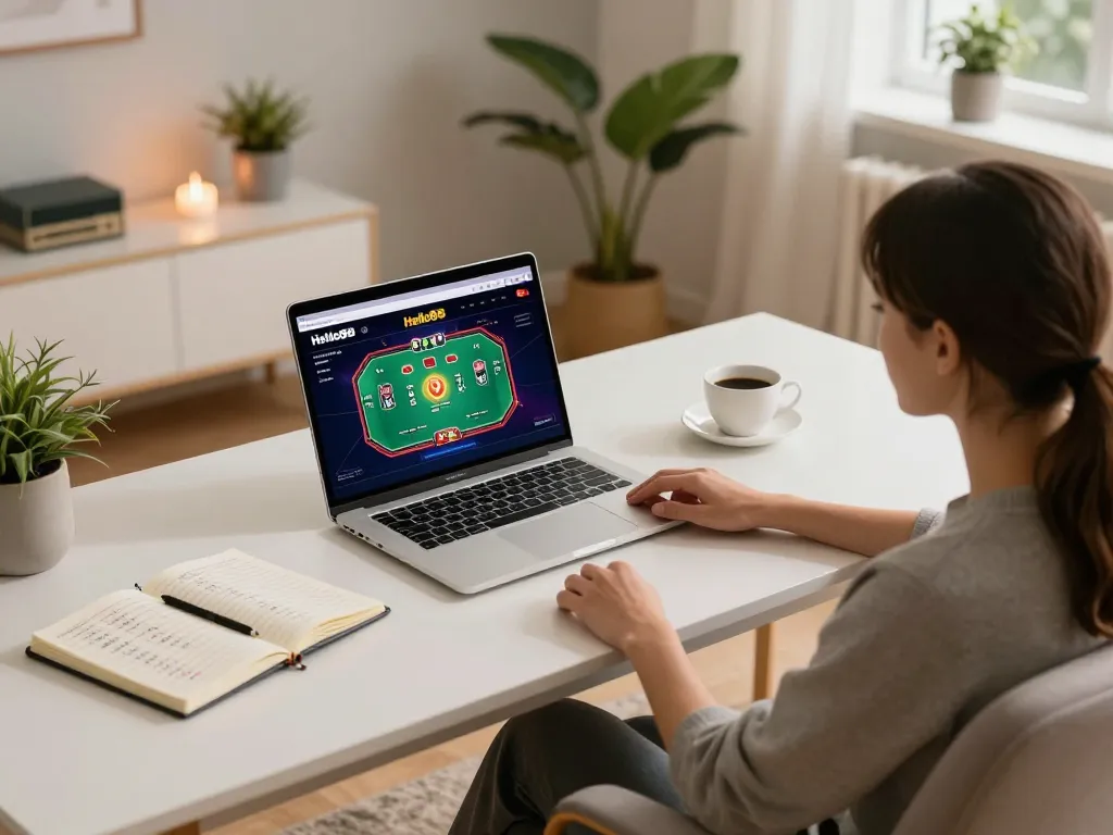 Hello88's engaging online poker gaming experience in a stylish home setup