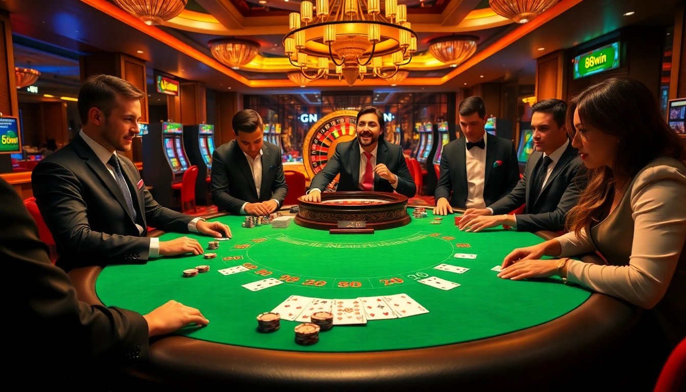 Exciting blackjack action at 98win98 casino with vibrant chips and elegant players.
