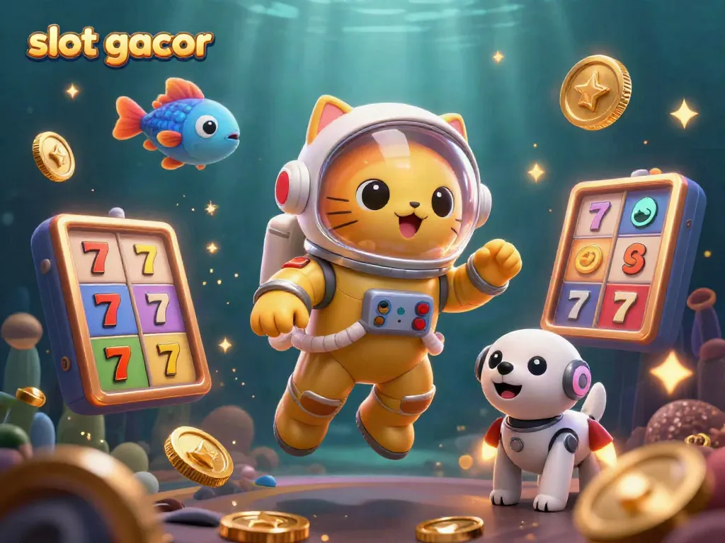 Gambar slot gacor interaktif dengan kucing astronot, anjing robot, dan elemen kasino yang berkilauan.