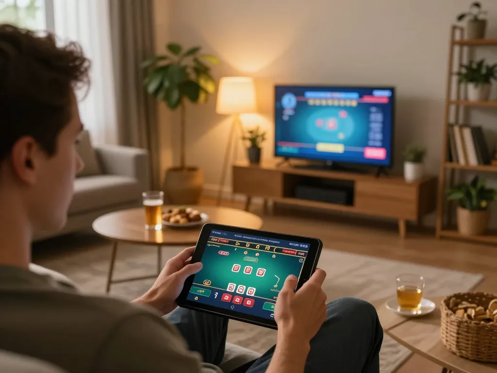 Player enjoying online nk88 casino game on tablet in cozy living room setting