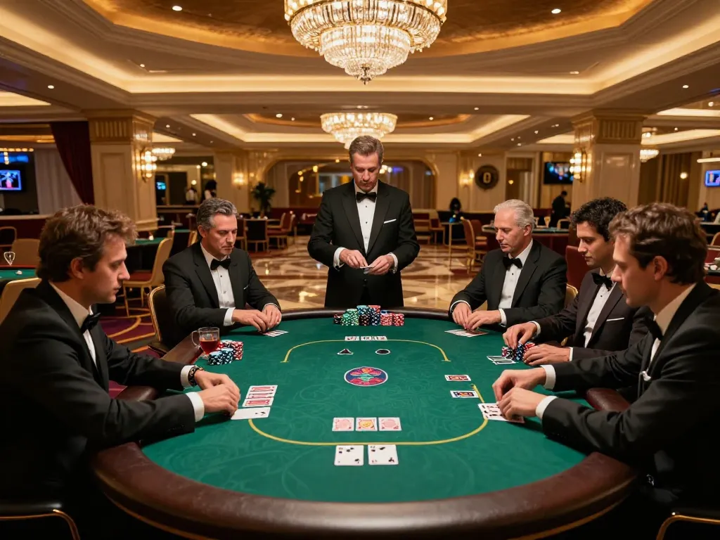 B52 poker game in upscale casino with focused players and elegant atmosphere.