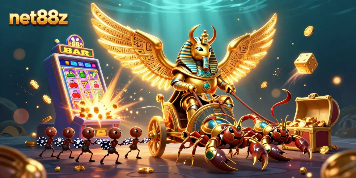 Experience net88z's vibrant casino scene featuring a golden scarab and scorpions amidst bursting slot machines.