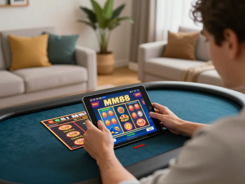 Player experiencing thrilling moments at MM88 online casino app on tablet in cozy home environment