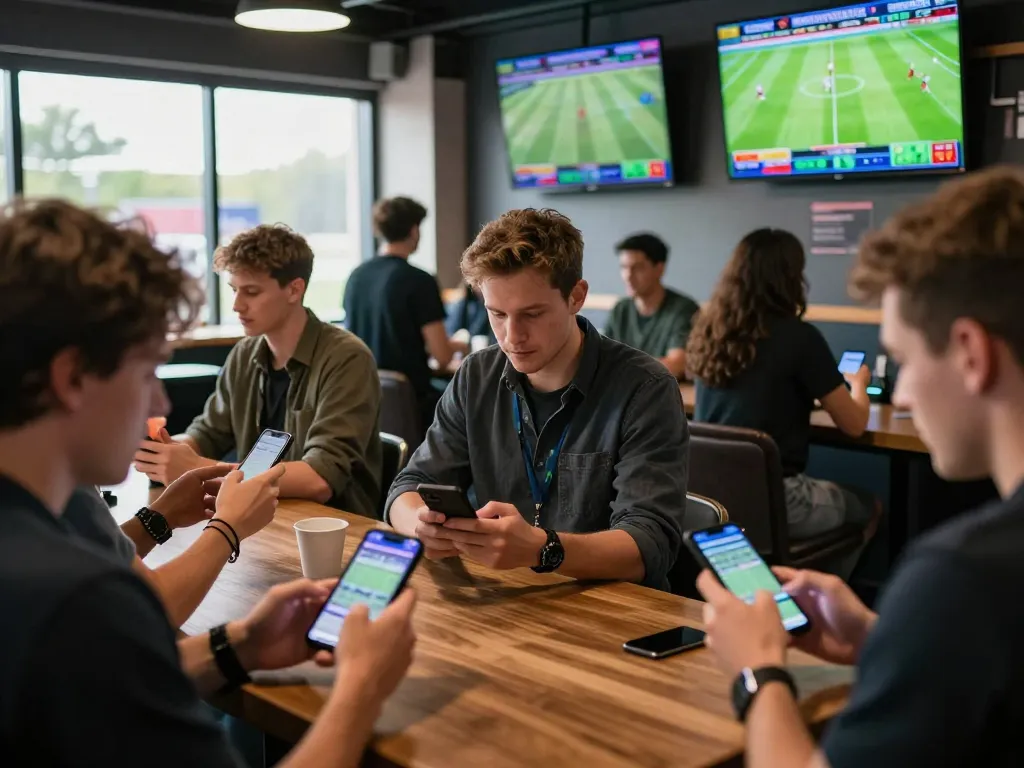 Soi Kèo enthusiasts actively engaging in sports betting at a lively lounge, checking real-time odds.