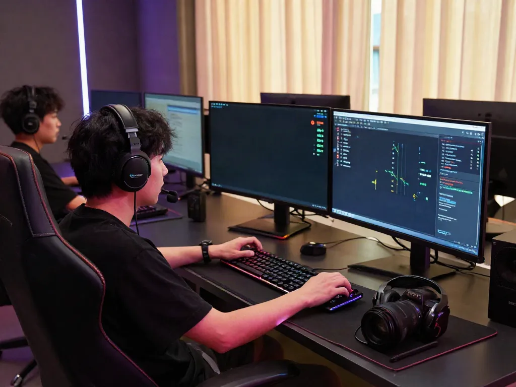 Gamer immersed in ORION88 game with a high-energy environment and dual screens.