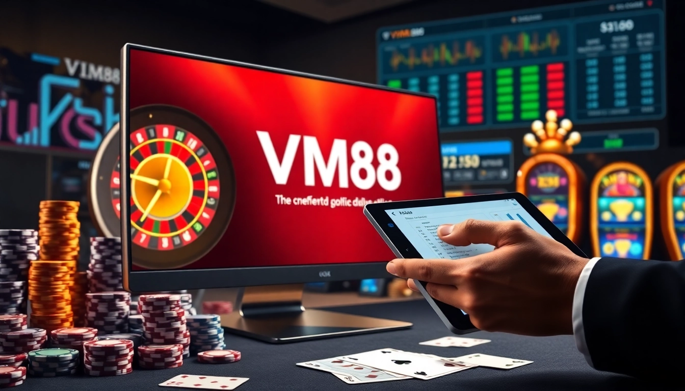 Engaging VM88 online casino interface showing strategic betting with poker chips and digital odds
