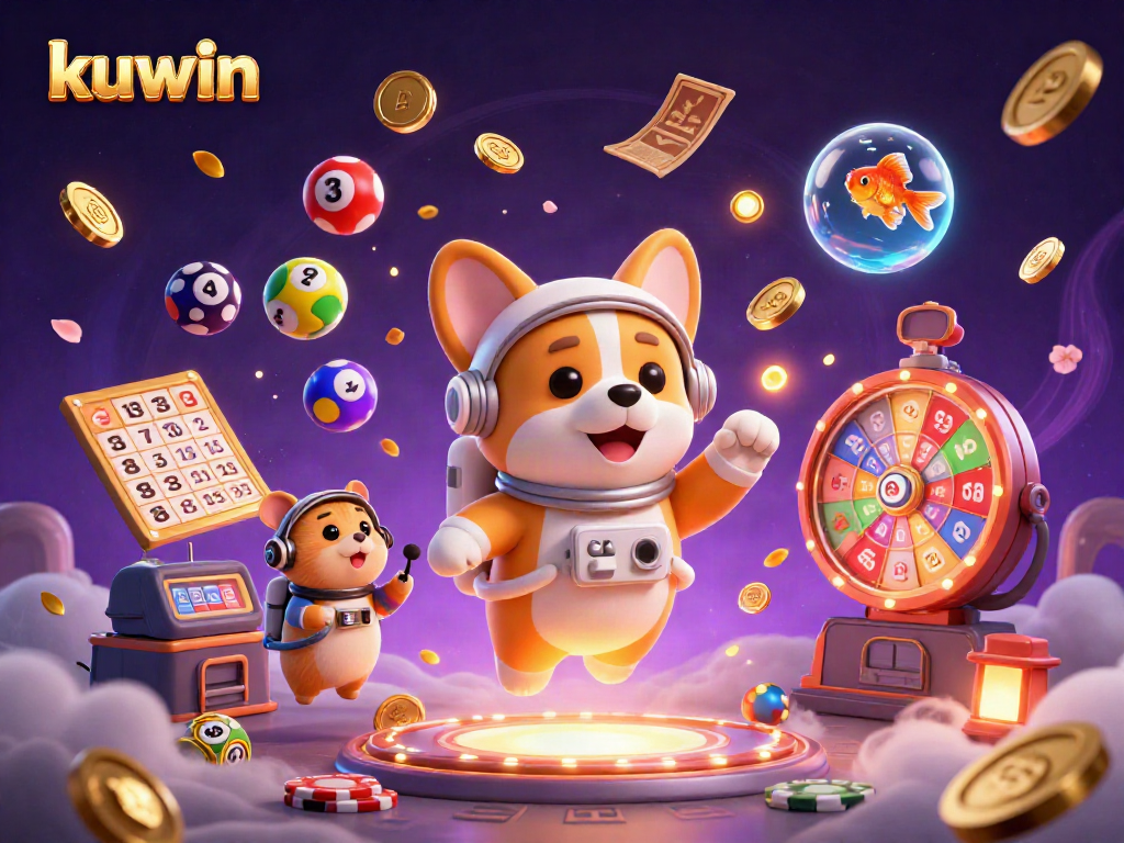 Kuwin marks its presence with a vibrant casino scene featuring a playful corgi and engaging game elements.