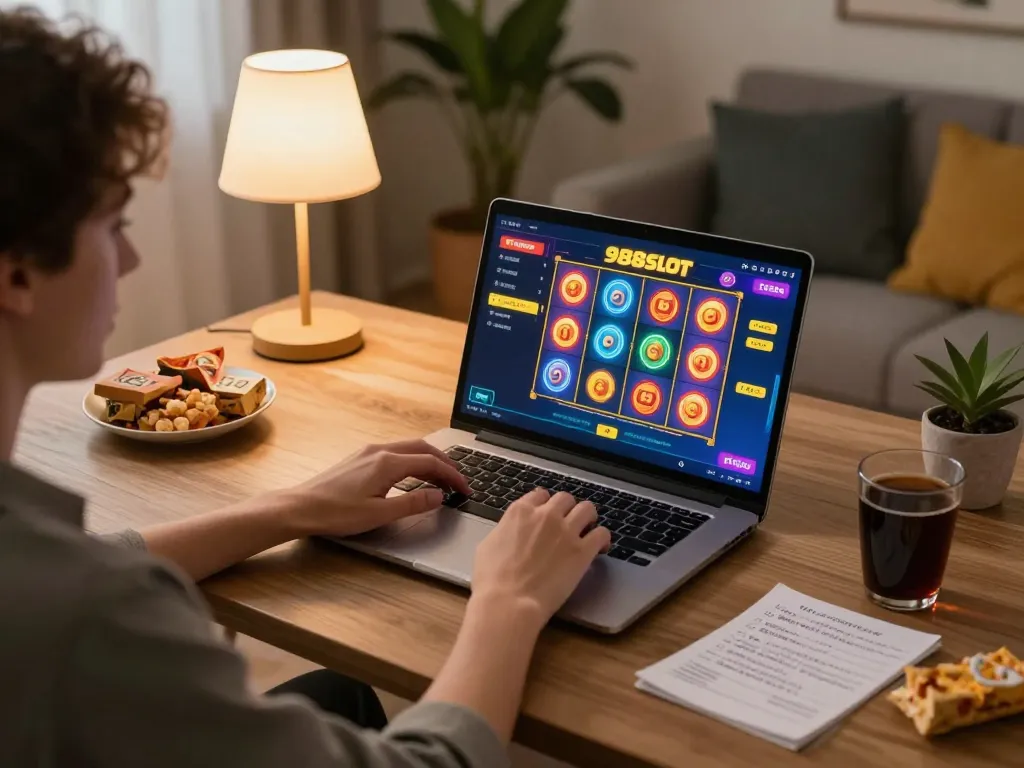 Engaging gameplay on 988slot from a cozy home setup with colorful slot reels.