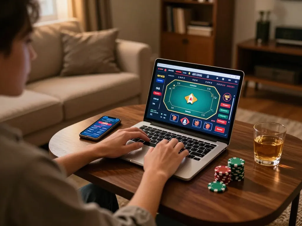 Engaged player exploring online USA casinos on a sleek laptop in a cozy home environment.