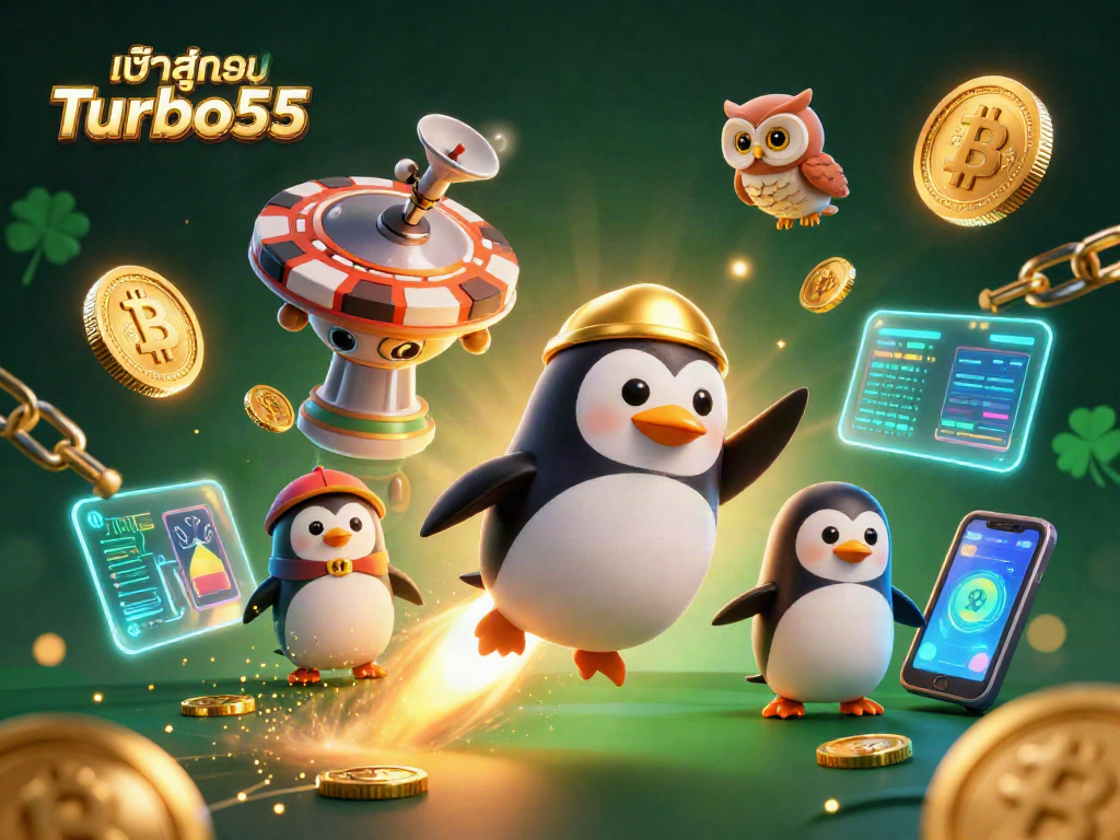 Engage with the interactive casino universe through เข้าสู่ระบบ Turbo55 featuring a golden penguin and crypto elements.