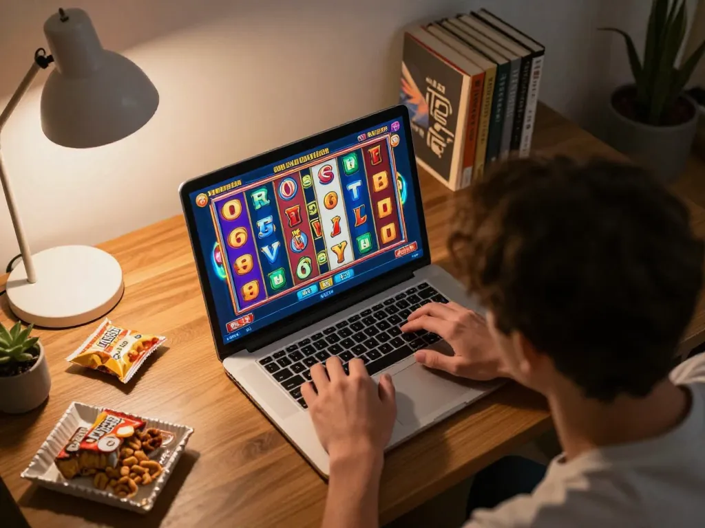 Player experiencing the thrill of agenslot188 while engaging with vibrant slot games on a laptop at home.
