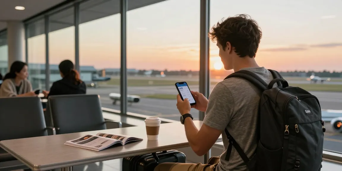 Traveler checking AA88 flight details at airport window with sunset view