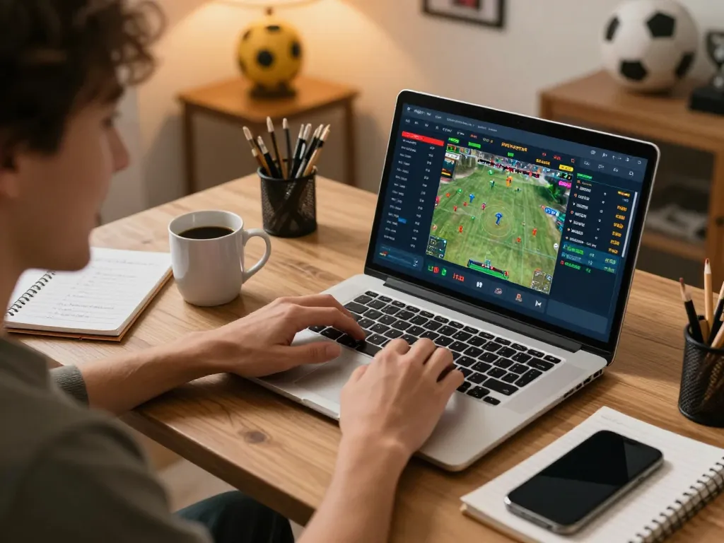Betting enthusiast placing kèo nhà cái bets on laptop with live sports stats displayed in cozy home office.
