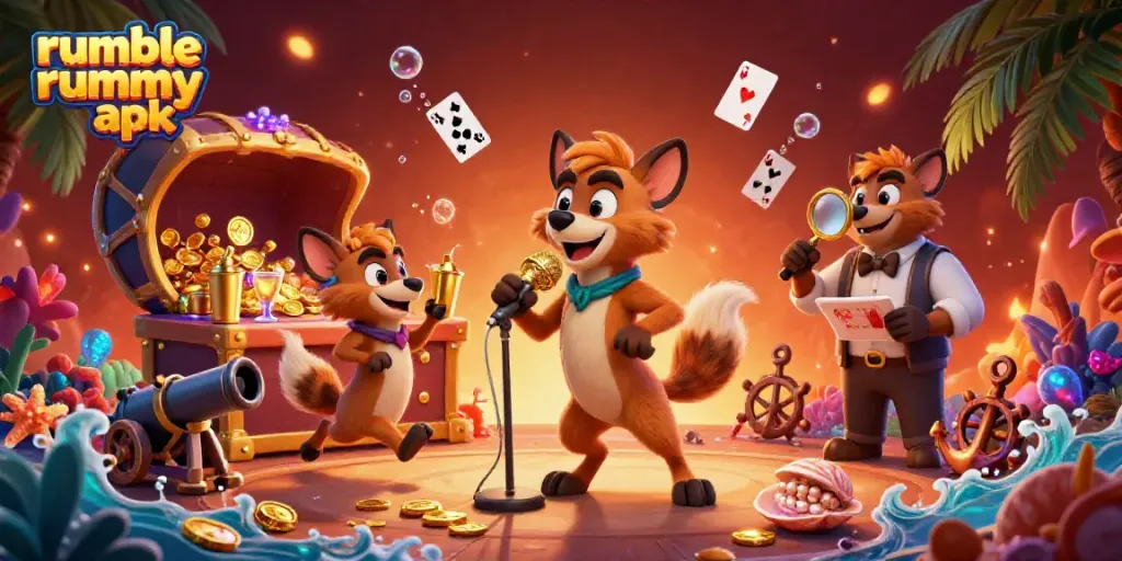 Experience thrilling gameplay with the Rumble Rummy APK in a vibrant casino scene featuring hyenas entertaining and mixing drinks.