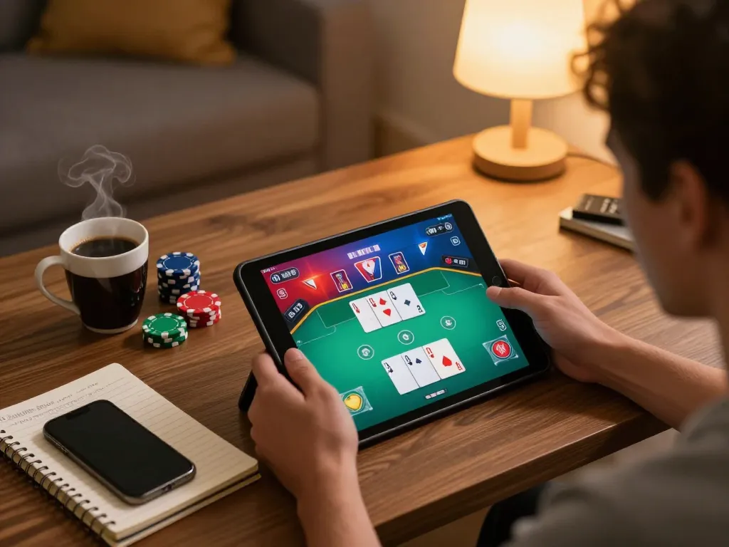 Player strategizing during an engaging online poker game on rik vip platform in a cozy setting.