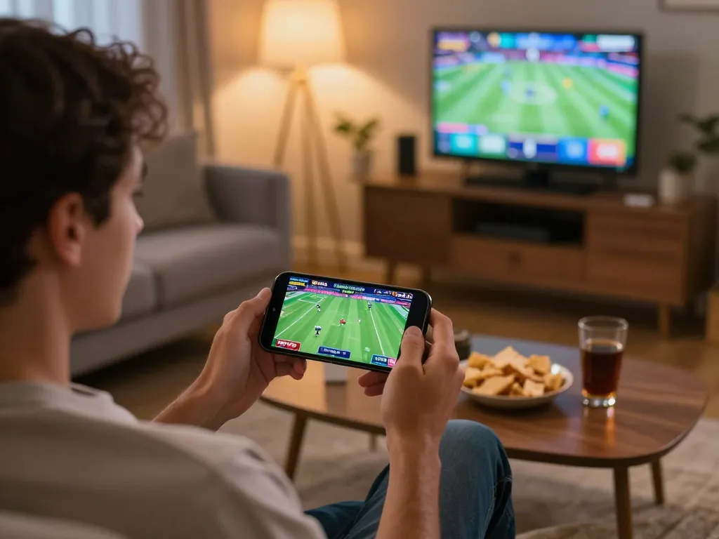 Betting experience on smartphone with ทางเข้า m108 visible on the screen in cozy gaming environment