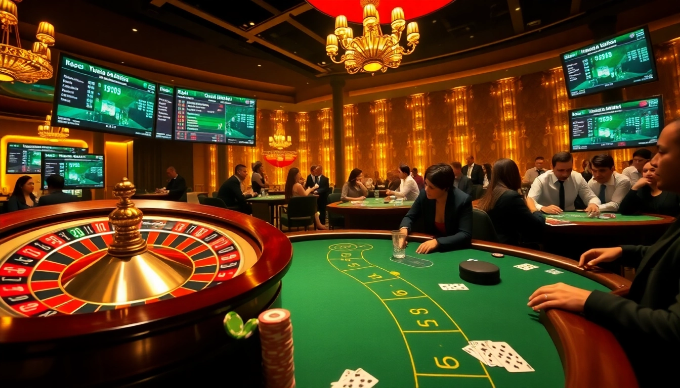 Engaged gamblers placing bets on Judi Bola Piala Dunia 2033 at an elegant casino setting.