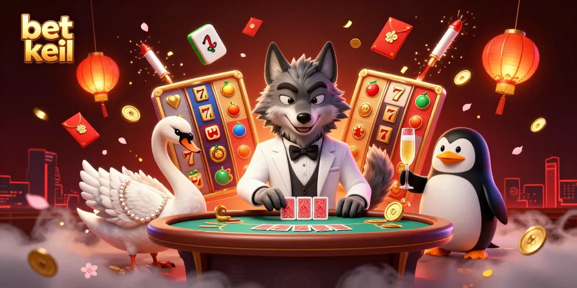 Experience bet kecil gaming with a debonair wolf, elegant swan, and penguin sommelier in a festive casino setting.