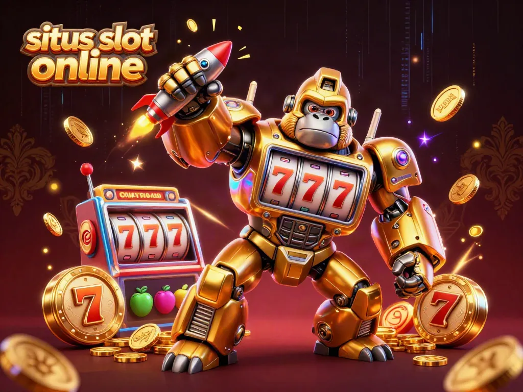 Menyenangkan permainan situs slot online dengan gorila emas dan simbol keberuntungan.