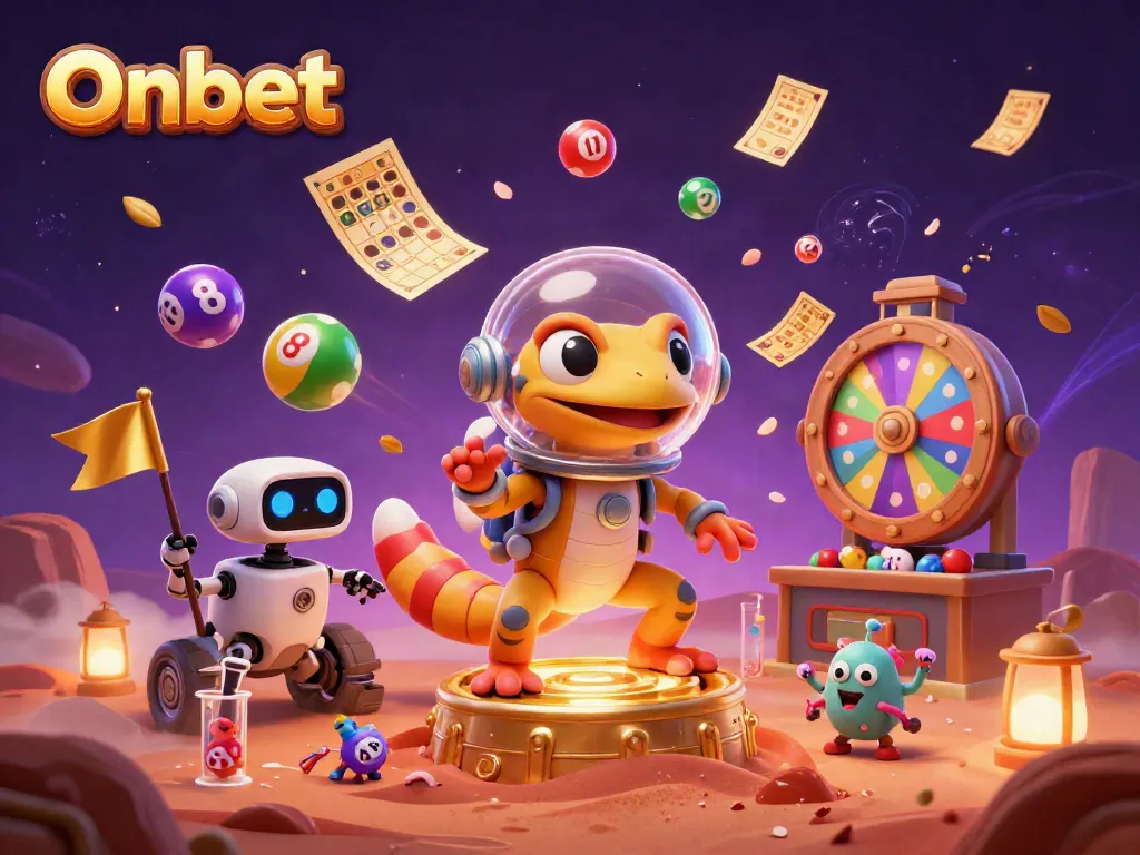 Experience Onbet's lively casino with Martian gecko and golden casino treasures, bursting with excitement.