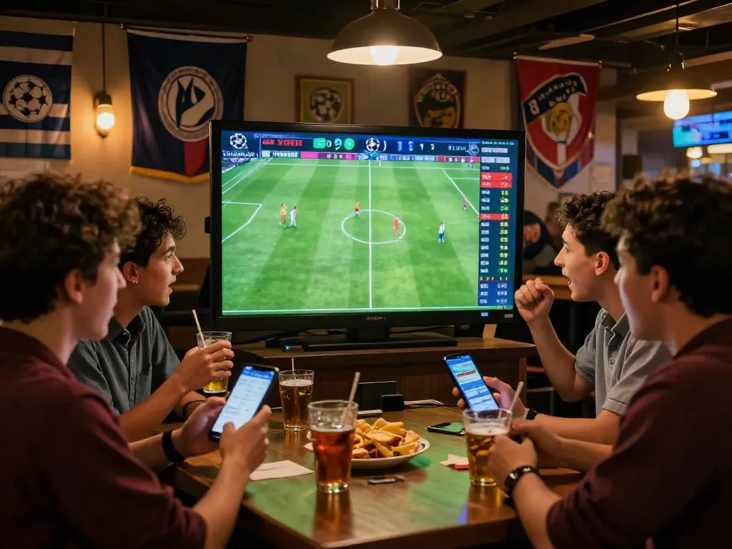 Suasana taruhan bola888 di bar, teman-teman menyaksikan pertandingan UEFA Champions League.